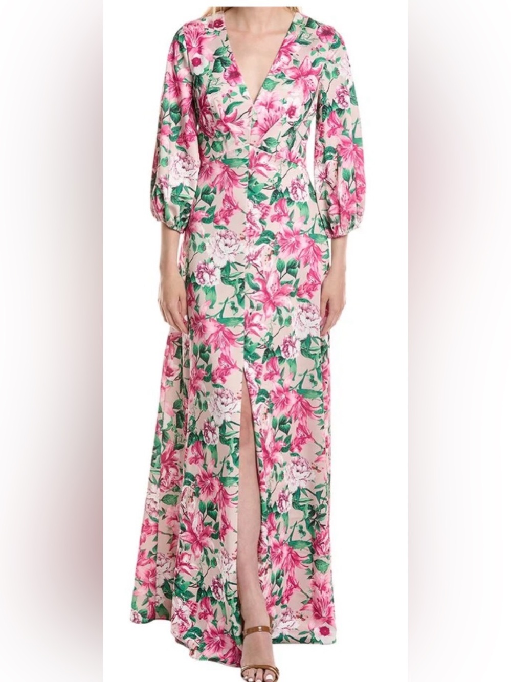Rene Ruiz collection Floral Maxi gown with Pink & Green Bloom size 10 org $1600